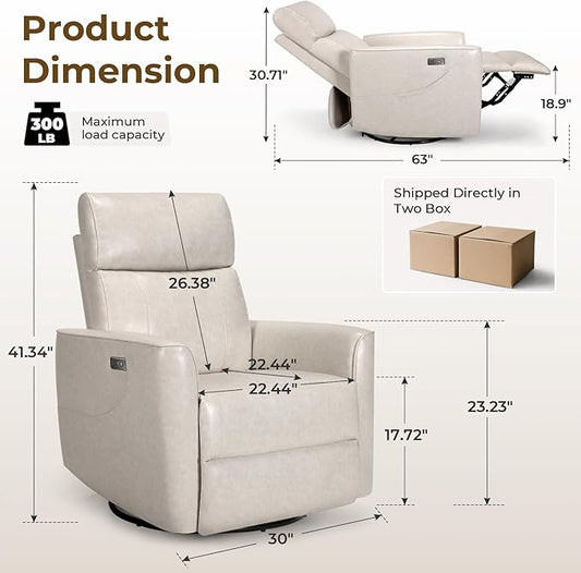 Homdox Power Recliner Chair Swivel Glider with Massage and Heat, Oversized Swivel Rocker Chair, Living Room Nursery Reclining Chair with USB, Faux Leather, for Small Spaces, Ivory