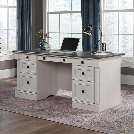 Sauder Palladia Office Desk with Drawers, Executive Desk with File Cabinet Storage, Cable Management, Keyboard Tray, in Glacier Oak Finish