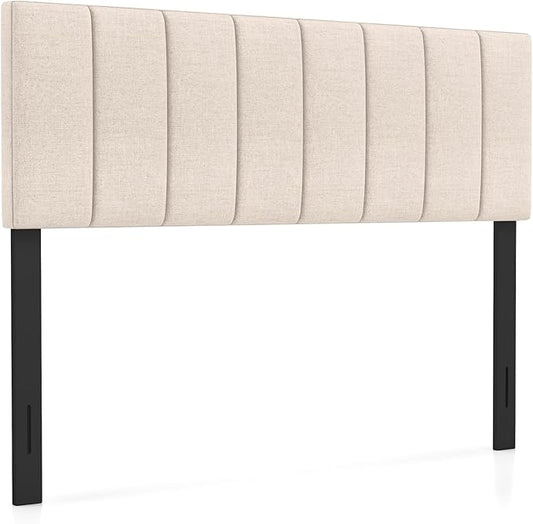 KOMFOTT Linen Upholstered Headboard for Full & Queen Size Bed, Vertical Channel Tufted Rectangular Headboard with Solid Wood Legs & Adjustable Width, Padded Bed Backboard, Easy Assembly, Beige