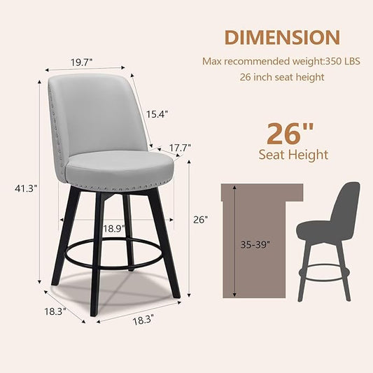 MINCETA Bar Stools Set of 2, PU Leather Barstools, 26 Inch Upholstered Counter Stools with High Back and Footrest, Swivel Counter Height Barstools for Kitchen Island Home Bar Light Gray