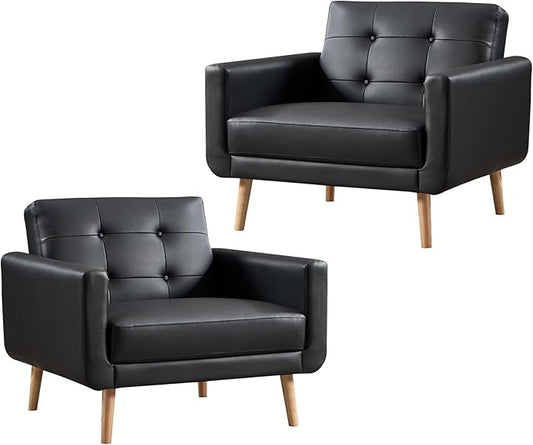 CANMOV 29" W Oversized Leather Accent Chair Set of 2, Armchair Button Back, Mid Century Modern Accent Chairs for Living Room, Modern Upholstered Bed Room Chair Cozy Armchair with Wood Legs, Black