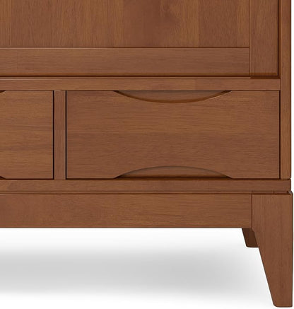 SIMPLIHOME Harper Medium Storage Cabinet - 48 inch Wide Solid Hardwood Sliding Door Cabinet in Teak Brown, Mid-Century Modern Cupboard for Living Room or Entryway with 3 Drawers and Tapered Legs