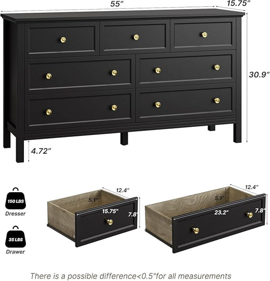 Black Dresser for Bedroom with Gold Handle Modern 7 Drawer Dresser, Wood Chest of Drawer Closet Clothes Storage Organizer for Living Room, Hallway, TV Stand, 55 Inch