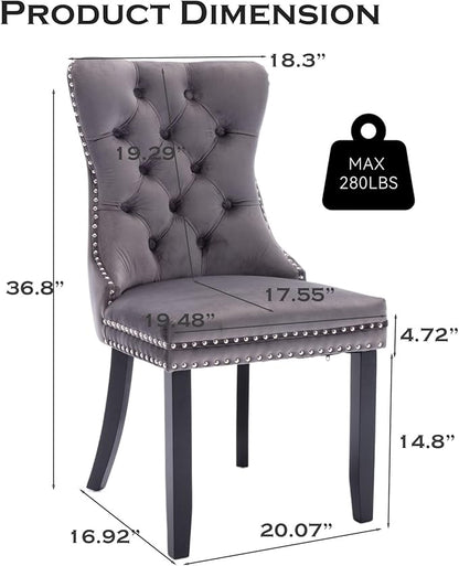 Velvet Upholstered Dining Chairs Set of 4, Modern Style Kitchen Side Chairs with Nailhead Trim and Wood Legs,Metal Pulling Ring for Dining Room Living Room(Grey,Set of 4)