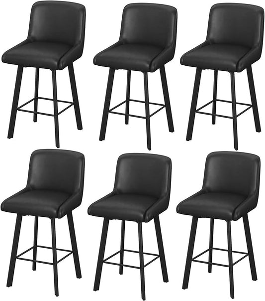 Swivel Bar Stools, 26''H Upholstered Barstools with Backs, Modern Counter Height Bar Stool Chairs for Kitchen Island, Metal Legs (Black- Faux Leather, Set of 6-26" H)