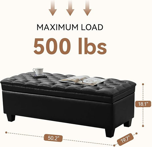 50" Faux Leather Storage Ottoman Bench, Rectangular End of Bed Storage Bench, Upholstered Large Tufted Ottoman with Storage for Living Room, Bedroom, Entryway,Black