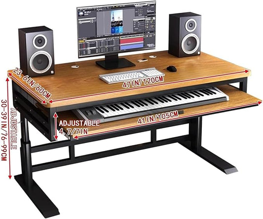 Studio Desk with Keyboard Tray | Hand-Crank Adjustable Standing Desk Workstation for Music Production, Cable Management, MIDI Keyboard Shelf (Natural, 70in)
