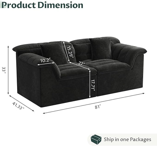 81" Sofa with Deep Seats Oversize, 2 Seater Cloud Couches, Upholstered Corduroy Loveseat for Living Room Bedroom, No Assembly Required, Black