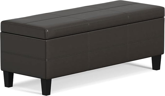 SIMPLIHOME Afton 48 inch Wide Contemporary Rectangle Storage Ottoman Bench in Tanners Brown Vegan Faux Leather, Assembled, For the Living Room and Bedroom