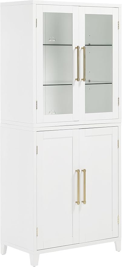 Crosley Furniture Roarke Glass Door China Hutch Kitchen Pantry Storage Cabinet with Doors and Shelves, White