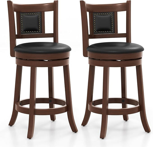 COSTWAY Bar Stool Set of 2, 25.5” Swivel Upholstered Counter Height Bar Stool with Curved Backrest & Cushioned Seat, Solid Rubber Wood Legs & Resting Footrest, for Kitchen Island (2, 25.5”)