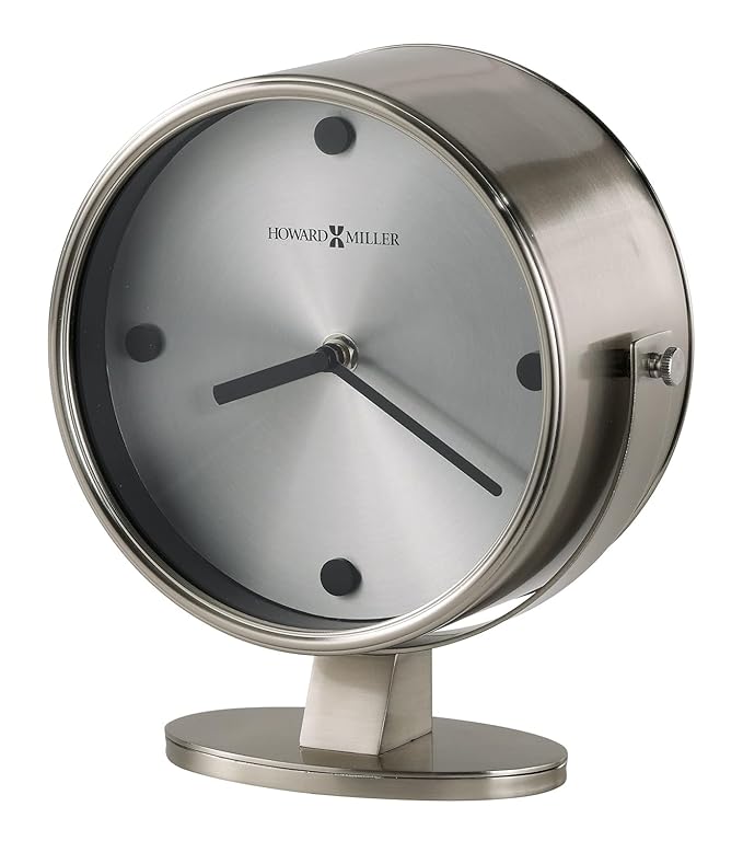 Howard Miller Glen Accent Clock – Modern Desk Clock with Nickel Finish - Battery Operated Quartz Analog Mantel Small Decorative Shelf Minimalist Table Clock for Home & Office Decor