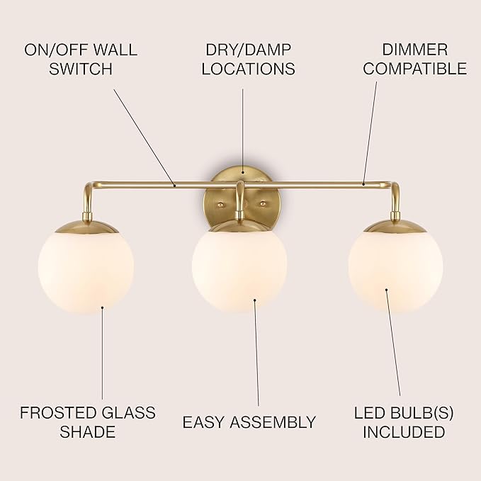 JONATHAN Y JYL3536A Louis Parisian Globe 25" 3-Light Metal/Frosted Glass Modern Contemporary LED Vanity Midcentury Glam 2700K LED 4W Bulbs Entryway Lobby Kitchen Bathroom Bedroom Hallway, Brass Gold
