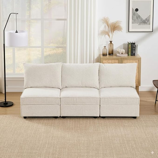 Armless Oversized Modular Sectional Convertible Fabric Sofa Set, Extra Large Sectional Deep Seat Couch for Living Room,77 inch Width,3 Seat Modern Modular Sofas, Pull Out Home Sofa, Chenille Beige