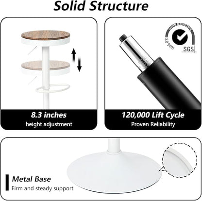 Kidol & Shellder Bar Stools Set of 2 White Round Adjustable Swivel Barstools Modern Backless Bar Chairs Wooden Seat Counter Height Stools Armless for Kitchen Island, Cafe, Dining Room