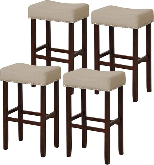 COSTWAY Set of 4 Bar Stools, 29.5-inch Backless Saddle Stools with Nailhead Trim, Rubber Wood Frame, Footrest, Max Load 330 lbs, Upholstered Barstools for Kitchen Island Pub, Beige