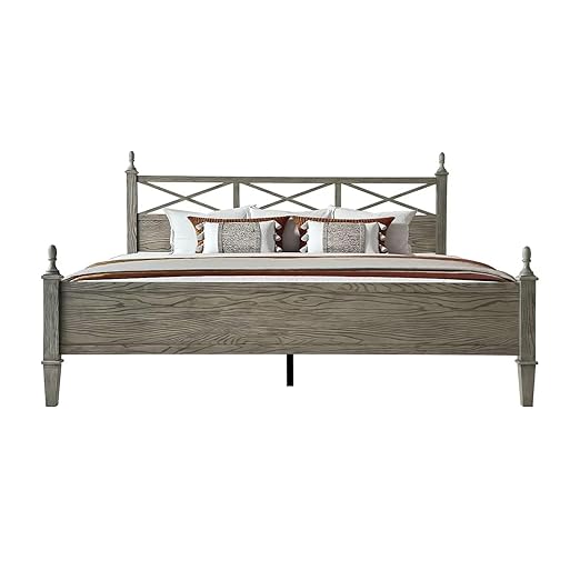 Queen Size Platform Bed Frame with Solid Wood Headboard & Footboard, Metal Legs, 12 Durable Slatted Base, No Box Spring Needed, Easy Assembly, Noise-Free & Anti-Slip, Weathered Gray Oak Finish, RIQ-34