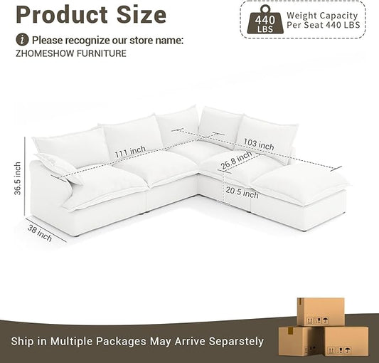 Oversized Cloud Modular Sectional Sofa, Comfy Down Filled Cloud Couch with Removable Cover, L Shaped 4 Seat Couch with Ottoman, Deep Seat Sectional Couches for Living Room, Cream White