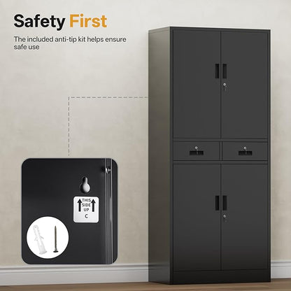 Metal Storage Cabinet，71" Garage Storage Cabinet with 2 Locking Drawer and 4 Adjustable Shelves ，Black Tool Cabinet，Lockable File Steel Cabinet for Home, Office, Gym, School.