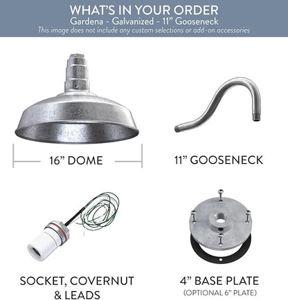 Steel Lighting Co. Gardena Barn Light | Outdoor Wall Mounted | 16" Dome | 11" Gooseneck | Farmhouse Light Made in America | Galvanized Exterior/Galvanized Interior