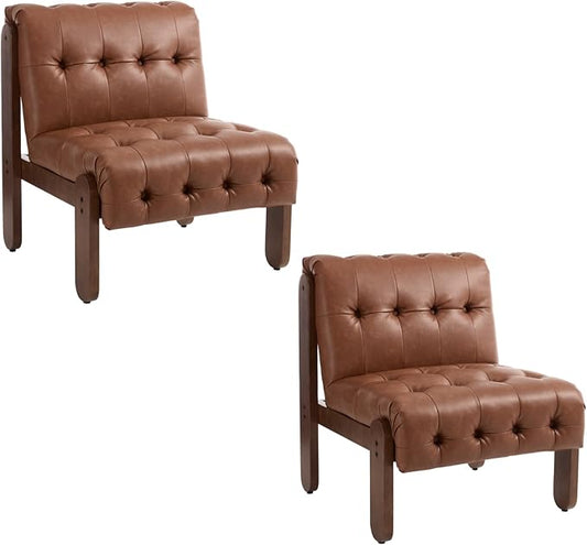 HEAH-YO Accent Chair Set of 2,Modern Vintage Living Room Chair for Bedroom with Button Tufted Back and Wood Legs,Upholstered Comfy Reading Chair for Makeup Vanity Cafe,PU Brown