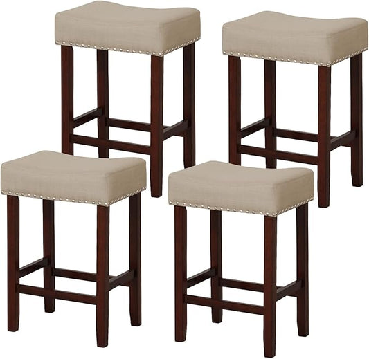 COSTWAY Counter Height Bar Stools Set of 4, 25-inch Backless Saddle Stools with Nailhead Trim, Rubber Wood Frame, Footrest, Max Load 330 Lbs, Upholstered Barstools for Kitchen Island Pub, Beige