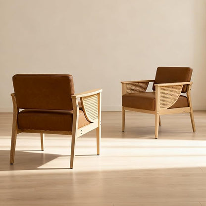 Mid Century Modern Accent Chair, Rattan Armchair with Wood Legs Living Room Chair PU Leather Upholstered Lounge Chair for Bedroom Reading Room, Brown