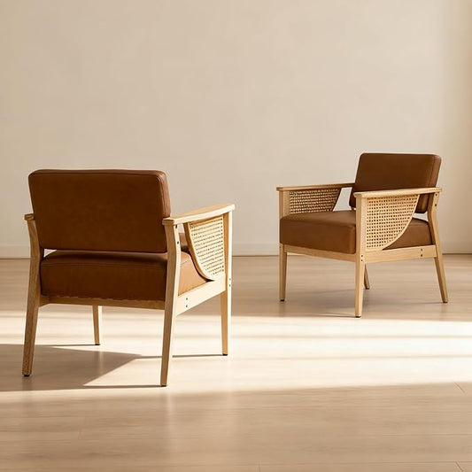 Mid Century Modern Accent Chair Set of 2, Rattan Armchair with Wood Legs Living Room Chair PU Leather Upholstered Lounge Chair for Bedroom Reading Room, Brown