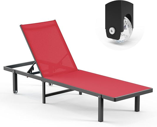 Pool Lounge Chairs, Chaise Lounge Outdoor with Wheels and 5-Position Recliner -Easy to Move- Aluminum Patio Lounge Chair for Poolside, Deck (Red)
