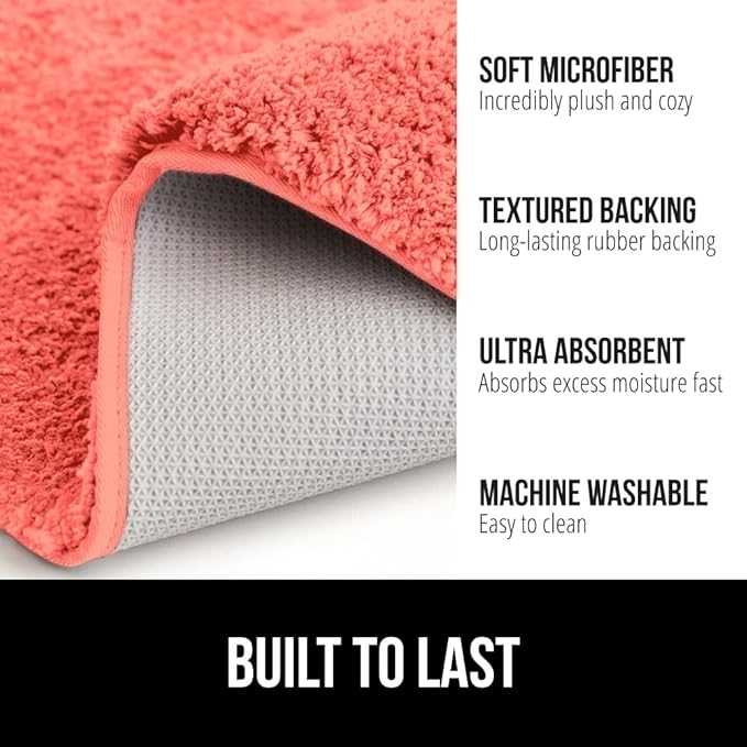 GORILLA GRIP Bathroom Rugs, 36x24, Ultra Soft Absorbent Mat, Thick Plush Bath Rug, Machine Washable, Microfiber Quick Dry, Mats for Shower, Bathtub and Floor, Home Decor Accessories, Coral