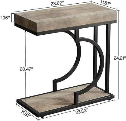 Tribesigns Narrow Side Table C Shaped End Table Modern Bedside Tables for Couch, Small Sofa Chairside Tables with Metal Frame for Living Room (1, Gray+Black)
