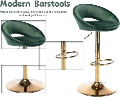 CIMOO Velvet Swivel Bar Stools Set of 2 with Open Back, Upholstered Adjustable Bar Height Bartools Modern Counter Height Barstools Island Chairs with Gold Legs for Kitchen/Home Bar/Pub, Green