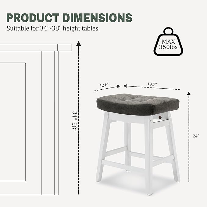 Counter Height Bar Stools Set of 2 for Kitchen Counter Farmhouse Modern Barstools with Faux Leather Upholstered Backless Seat and Solid Wood Legs 24 inch Bar Chairs, Grey + White