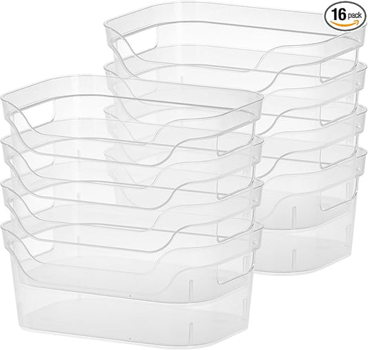 Sterilite 9.5 x 6.5 x 4 Inch Small Open Scoop Front Clear Storage Bin with Comfortable Carry Through Handles for Household Organization (16 Pack)