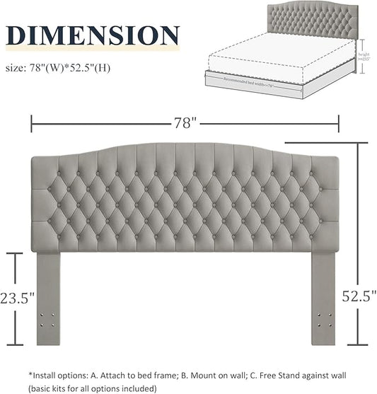 King Headboard Only, Upholstered Headboard for Adjustable Bed Velvet Tufted Cal King Size Wall Mounted Head Board with Solid Wood Legs Head Board, Gray