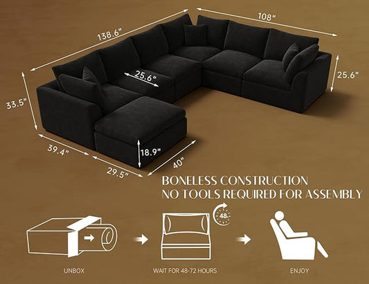 Oversized Sectional Couches for Living Room, Cloud Boneless Couch, 7 Seater Large Modular Sectional Sofa, Black