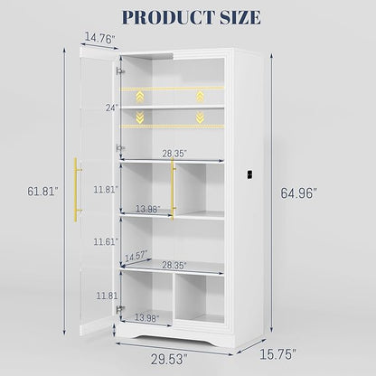 Vlsrka 65" File Cabinet, Filing Cabinets Fit Letter/A4 Size, Storage Cabinet with Doors & Lights, Tall File Bookcase with 2 Adjustable Shelves for Home Office, Living Room, White
