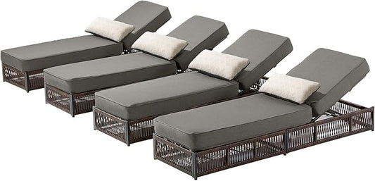Luxury Outdoor Chaise Lounges with 5 Inch Thickened Cushions - Set of 4 High Back Brown Wicker Patio Recliners Rattan Reclining Chairs Porch Poolside Pool Sunbathing Lounger- Grey