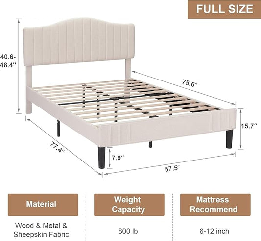 VECELO Full Size Upholstered Platform Bed Frame with Adjustable Teddy Fabric Headboard, Strong Wood Slats, 7.9" Under-Bed Storage, Noise-Free, No Box Spring Needed - Beige