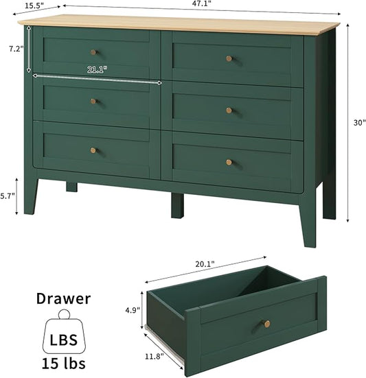 6 Drawers Green Dresser for Bedroom, 47" Wide Wood Modern Chest of Drawers, Shaker Style, Modular Dresser TV Stand for Bedroom, Living Room, Hallway (Green)