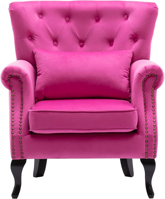 chairus Mid-Century Modern Accent Chair Comfy Tufted Single Sofa Chair Wingback Armchair with Pillow for Club, Living Room, Bedroom - Velvet, Rose