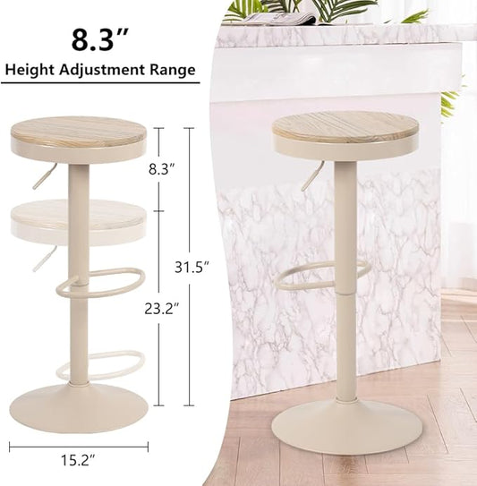 Kidol & Shellder Bar Stools Set of 2 Round Adjustable Swivel Barstools Modern Backless Bar Chairs Wooden Seat Counter Height Stools Armless for Kitchen Island, Cafe, Dining Room (Khaki)