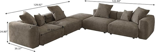 Oversized Modular Sectional Sofa with Ottomans,5 Seater Corduroy V Shaped Reversible Corner Couch,141.73" Convertible Sofa & Couch Free Combination for Living Rooom,Brown