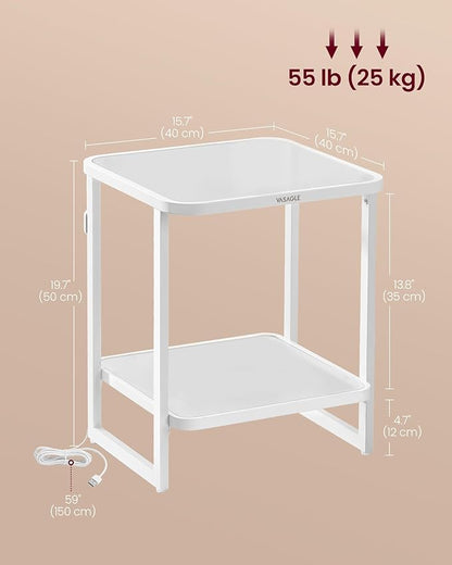 VASAGLE End Table, 2-Tier Side Table with LED Lights, Modern Nightstand, Square Bedside Table, Frosted Glass, Bottom Shelf, for Bedroom, Cloud White and Pearl White ULET232W01