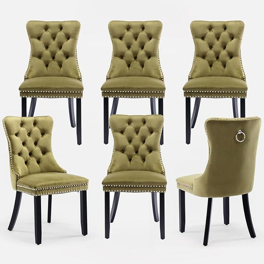 Velvet Upholstered Dining Chairs Set of 6, Modern Style Kitchen Side Chairs with Nailhead Trim and Wood Legs,Metal Pulling Ring for Dining Room Living Room(Olive Green,Set of 6)