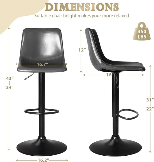 LEMBERI Bar Stools Set of 2, Modern Adjustable Swivel Barstools Counter Height with Backrest, Faux Leather Upholstered Bar Chairs for Kitchen Island, Grey
