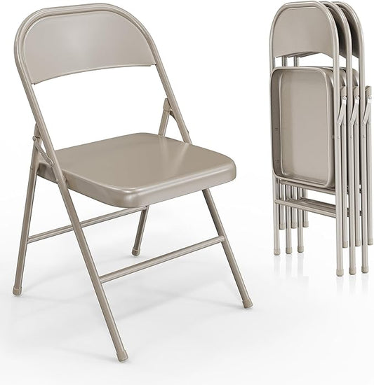 VINGLI Folding Chairs All Steel Metal Frame, Capacity 350 lbs, Durable Portable and Versatile for Indoor Outdoor Use, Khaki, Set of 4