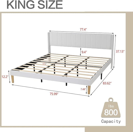 AGARTT Upholstered Platform Bed Frame King Size with Headboard and Footboard/Wooden Slats Support/No Box Spring Needed/Easy Assembly,White Linen