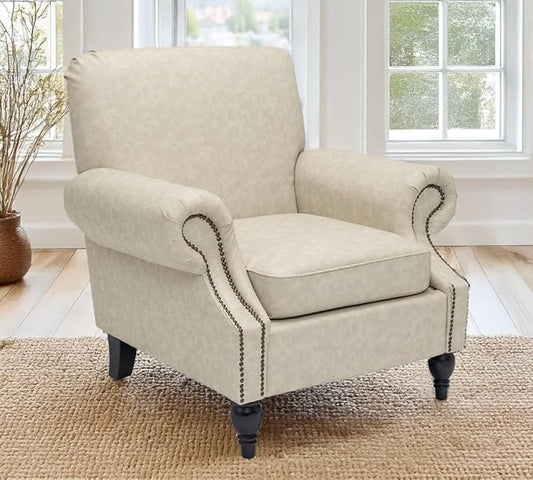 Accent Chair,22.4" Seat Depth Armchair with Roll Arms,36.6W*34.3D*34.6H Living Room Chair,Wood Legs,Set of 1,Faux Leather in Khaki