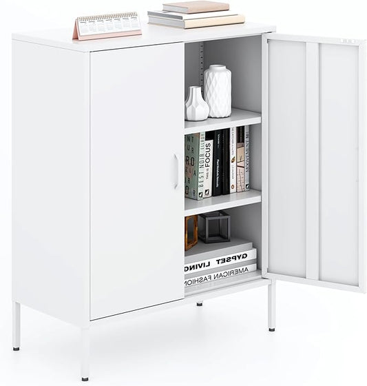 Metal Storage Cabinet with Doors and Shelves,Multipurpose Storage Rack, 3-Tier Shelf,Metal Locker Style Accent Cabinet for Home Office,Living Room,Kitchen(White, 40''H)